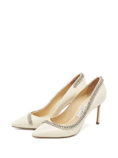 Pre-owned Jimmy Choo 38 Romy Crystal-embellishment Leather Pumps (10 Cm) In Neutral