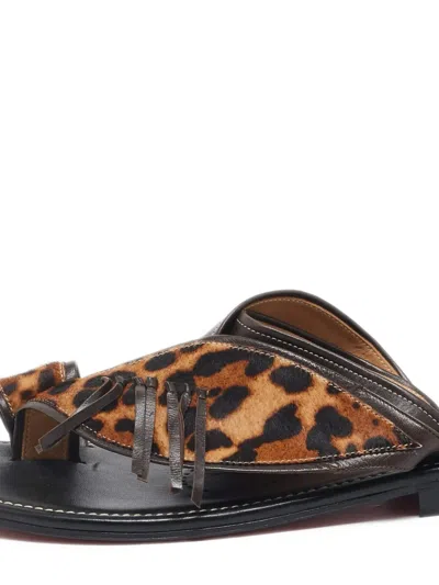Pre-owned Christian Louboutin Leopard-print Fringe Sandals In Brown