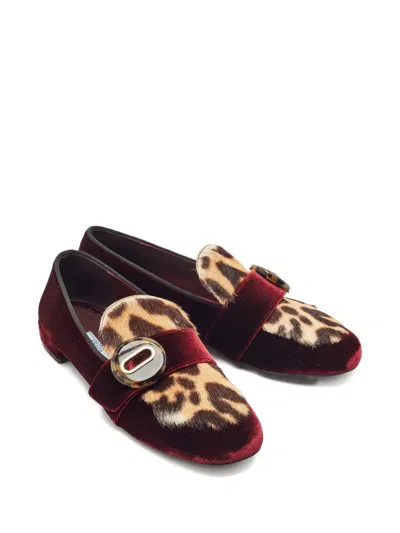 Pre-owned Prada Leopard-print Velvet Loafers In Red