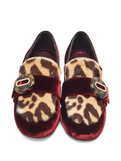 Pre-owned Prada Leopard-print Velvet Loafers In Red