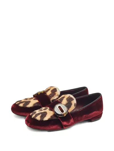 Pre-owned Prada Leopard-print Velvet Loafers In Red