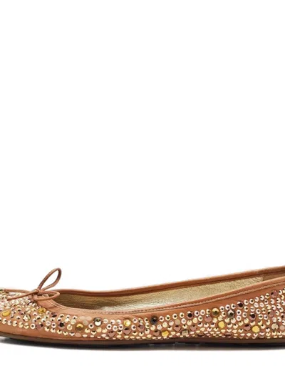 Pre-owned Jimmy Choo Crystal Bow Ballet Flats In Brown