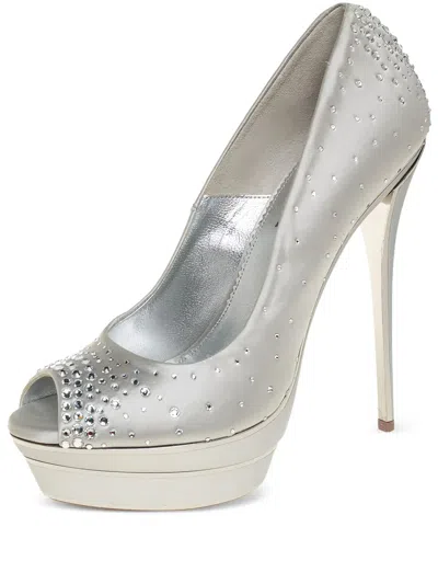 Pre-owned Loriblu 2023 Crystal Satin Peep-toe Pumps In Silver