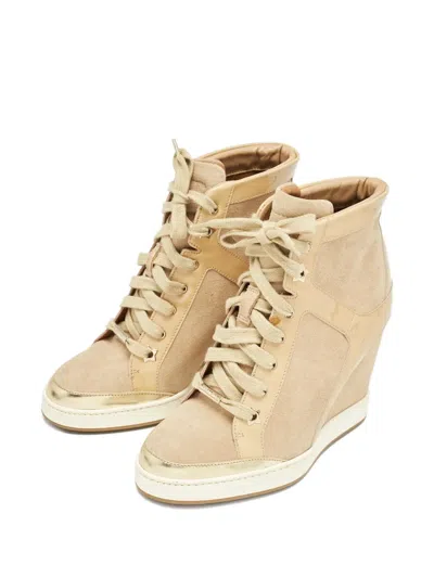 Pre-owned Jimmy Choo Panama Wedge Patent-leather Sneakers In Neutral