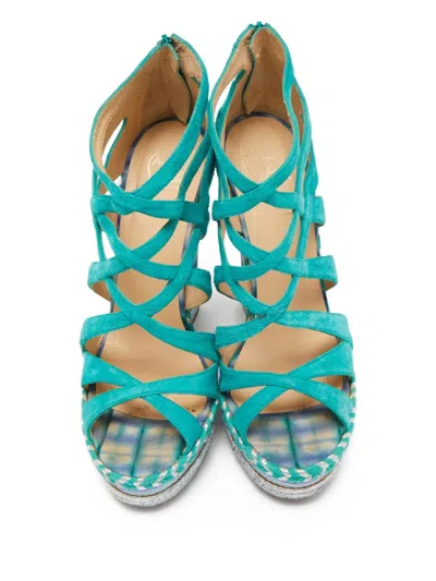 Pre-owned Christian Louboutin 150mm Strappy Wedge Sandals In Green