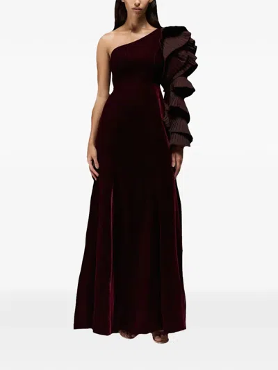 Tha Seen Velvet Ruffle-sleeve Maxi Dress In Brown