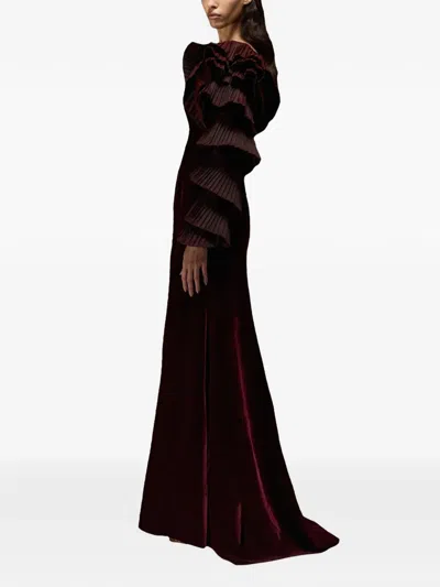 Tha Seen Velvet Ruffle-sleeve Maxi Dress In Brown