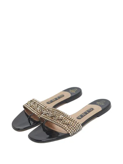 Pre-owned Gina Crystal Leather Sandals In Black