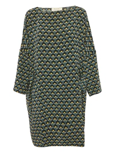 Pre-owned Marni Silk Print Mini Dress In Green