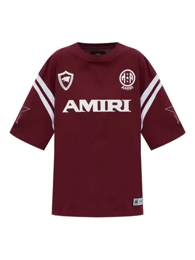 Amiri Star Detail Crew Neck Striped Sleeve T-shirt In Burgundy