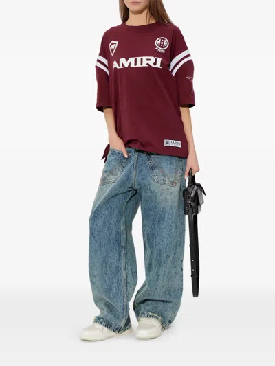 Amiri Star Detail Crew Neck Striped Sleeve T-shirt In Burgundy