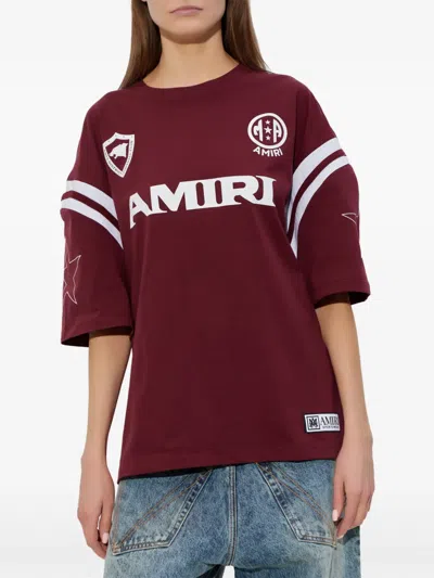 Amiri Star Detail Crew Neck Striped Sleeve T-shirt In Burgundy