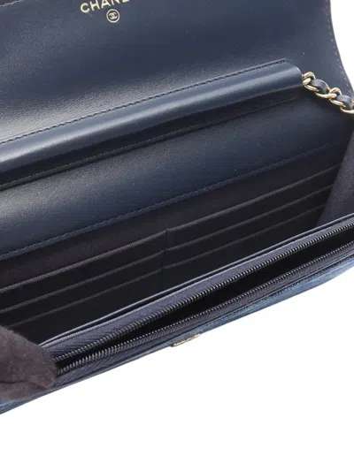 Pre-owned Chanel 2021-2025 Cc Denim Wallet On Chian Crossbody Bag In Blue