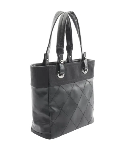 Pre-owned Chanel 2008-2009 Small Quilted Coated Canvas Paris Biarritz Tote Bag In Black