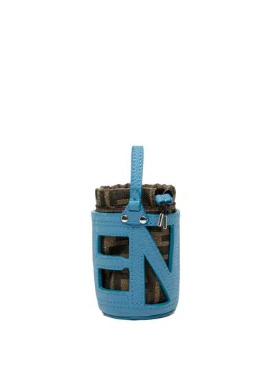 Pre-owned Fendi 2000-2025 Zucca Canvas And Leather Step Out Bucket Bag Charm Key Chain In Blue