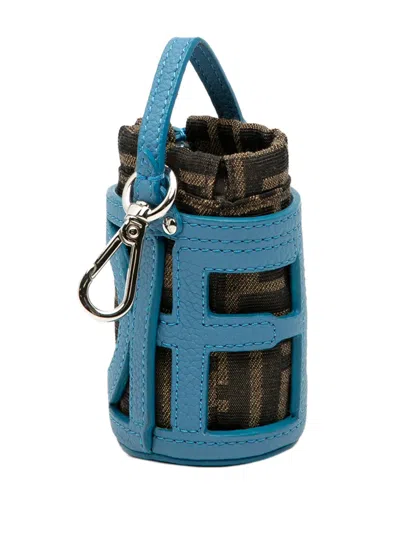 Pre-owned Fendi 2000-2025 Zucca Canvas And Leather Step Out Bucket Bag Charm Key Chain In Blue