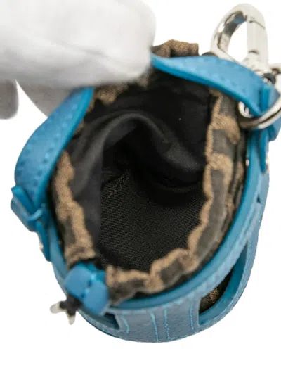 Pre-owned Fendi 2000-2025 Zucca Canvas And Leather Step Out Bucket Bag Charm Key Chain In Blue