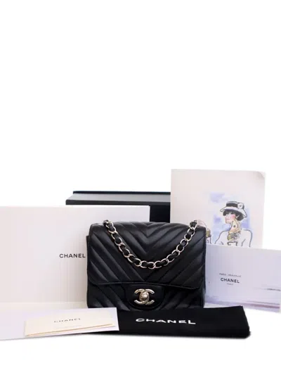 Pre-owned Chanel 2016-2017 Mini Square Classic Chevron Lambskin Single Flap Crossbody Bag In Black
