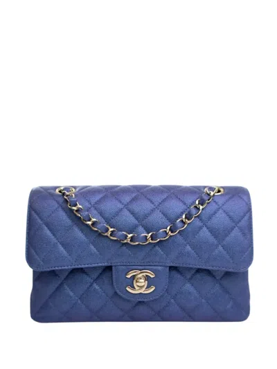 Pre-owned Chanel 2019 Small Classic Iridescent Caviar Double Flap Shoulder Bag In Blue