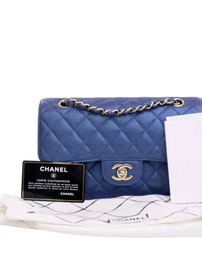 Pre-owned Chanel 2019 Small Classic Iridescent Caviar Double Flap Shoulder Bag In Blue