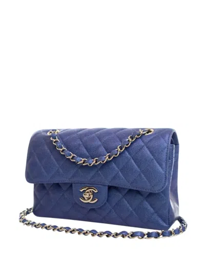 Pre-owned Chanel 2019 Small Classic Iridescent Caviar Double Flap Shoulder Bag In Blue