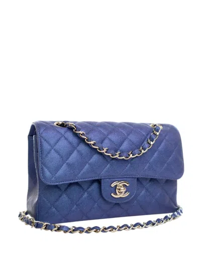 Pre-owned Chanel 2019 Small Classic Iridescent Caviar Double Flap Shoulder Bag In Blue