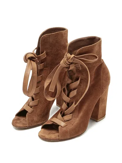 Pre-owned Gianvito Rossi Open-toe Ribbon Ankle Boots In Brown