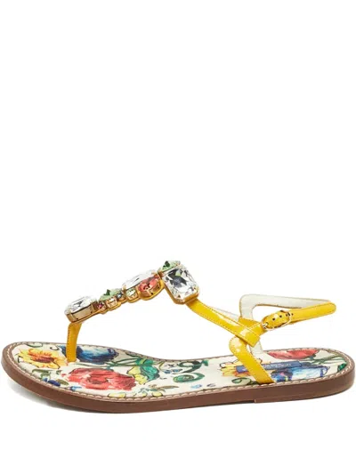 Pre-owned Dolce & Gabbana Crystal-embellished Floral-print Sandals In Yellow