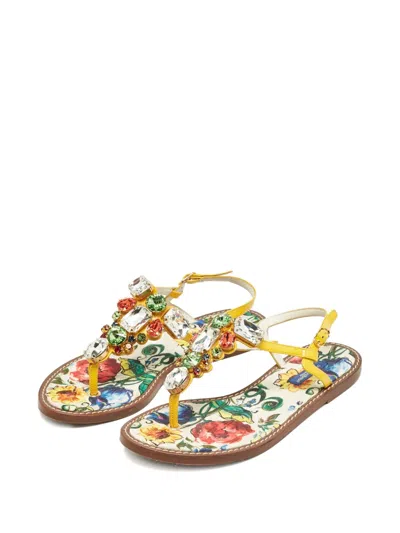 Pre-owned Dolce & Gabbana Crystal-embellished Floral-print Sandals In Yellow