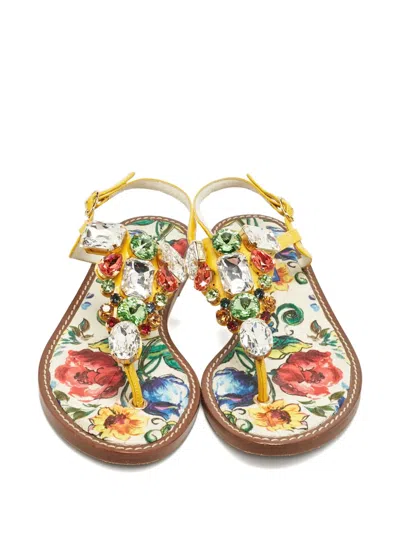 Pre-owned Dolce & Gabbana Crystal-embellished Floral-print Sandals In Yellow