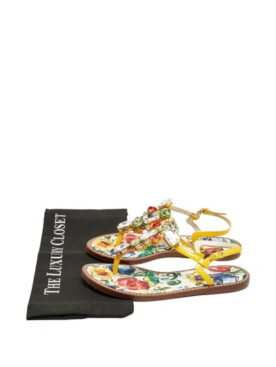 Pre-owned Dolce & Gabbana Crystal-embellished Floral-print Sandals In Yellow