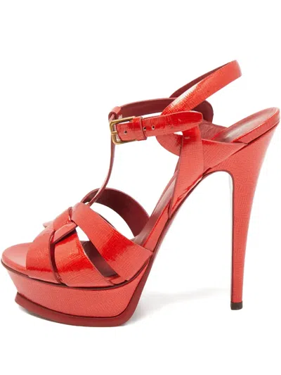 Pre-owned Saint Laurent 38 Tribute Woven Platform Sandals (15 Cm) In Red
