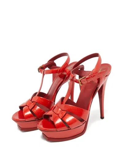 Pre-owned Saint Laurent 38 Tribute Woven Platform Sandals (15 Cm) In Red