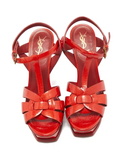Pre-owned Saint Laurent 38 Tribute Woven Platform Sandals (15 Cm) In Red