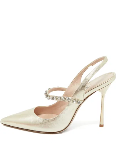 Pre-owned Miu Miu Shimmering Crystal Mary-jane Heeled Pumps In Yellow