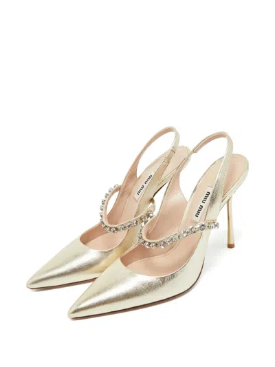 Pre-owned Miu Miu Shimmering Crystal Mary-jane Heeled Pumps In Yellow