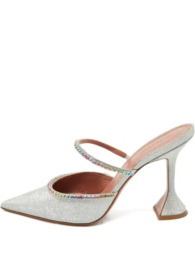 Pre-owned Amina Muaddi Gilda Glittered Mules In Silver