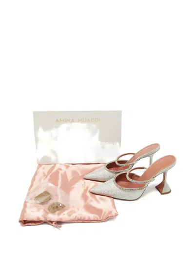 Pre-owned Amina Muaddi Gilda Glittered Mules In Silver