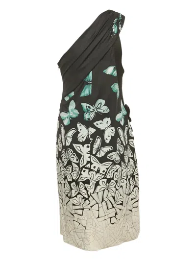 Pre-owned Versace Butterfly-print One-shoulder Dress In Black