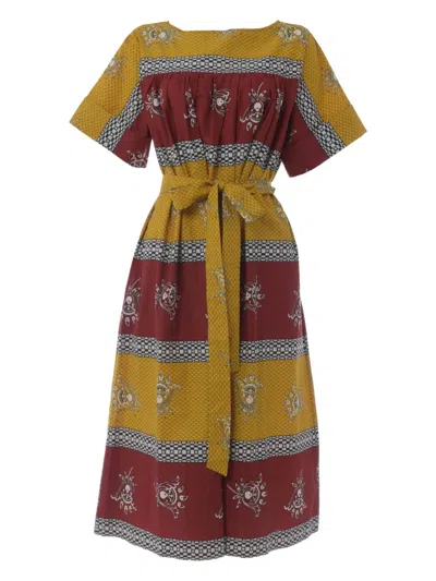 Pre-owned Souleiado Print Belted Midi Dress In Yellow