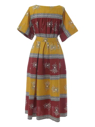 Pre-owned Souleiado Print Belted Midi Dress In Yellow