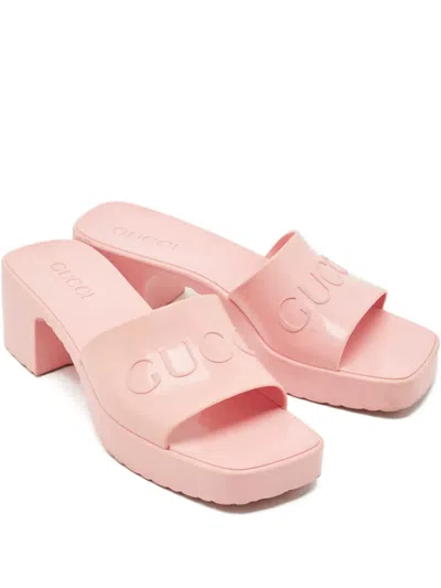 Pre-owned Gucci Embossed-logo Block-heel Sandals In Pink