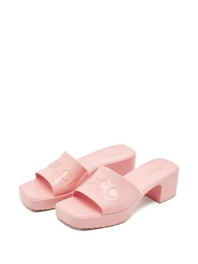 Pre-owned Gucci Embossed-logo Block-heel Sandals In Pink