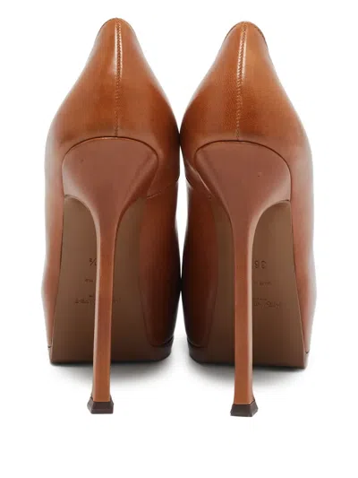 Pre-owned Saint Laurent 140mm Tribtoo Leather Pumps In Brown