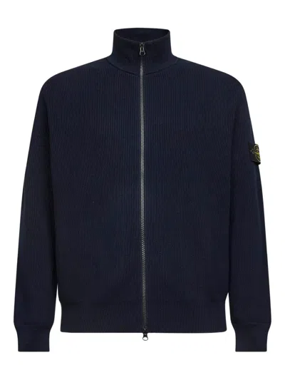 Stone Island Ribbed Stand-collar Cardigan In Blue