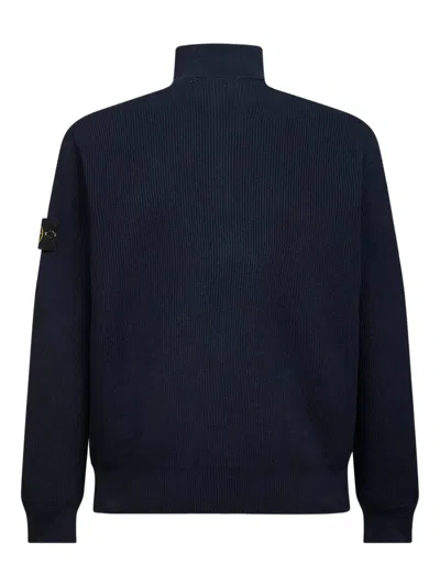 Stone Island Ribbed Stand-collar Cardigan In Blue