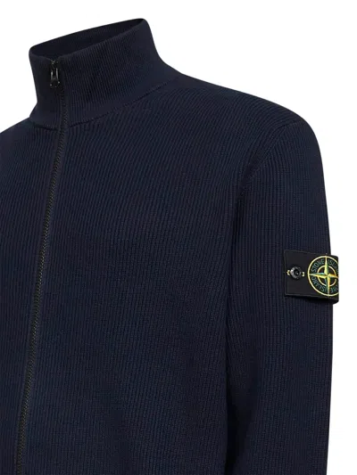 Stone Island Ribbed Stand-collar Cardigan In Blue