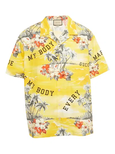 Pre-owned Gucci Floral-print Bowling Shirt In Yellow