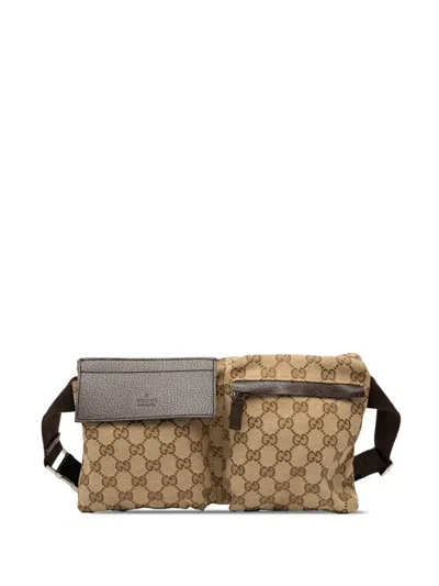Pre-owned Gucci 2000-2015 Gg Canvas Double Pocket Belt Bag In Brown
