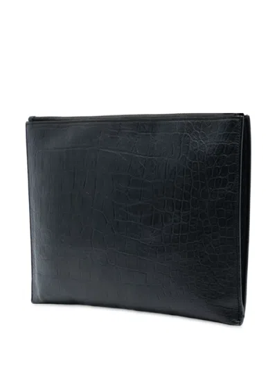 Pre-owned Saint Laurent 2017 Croc Embossed Leather Monogram Ipad Case Clutch Bag In Black